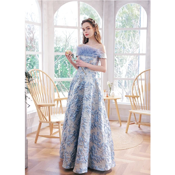 Fashion Charming Sky Blue Tassel Sequins Prom Dresses 2022 A-Line / Princess Off-The-Shoulder Sleeveless Backless Floor-Length / Long Formal Dresses