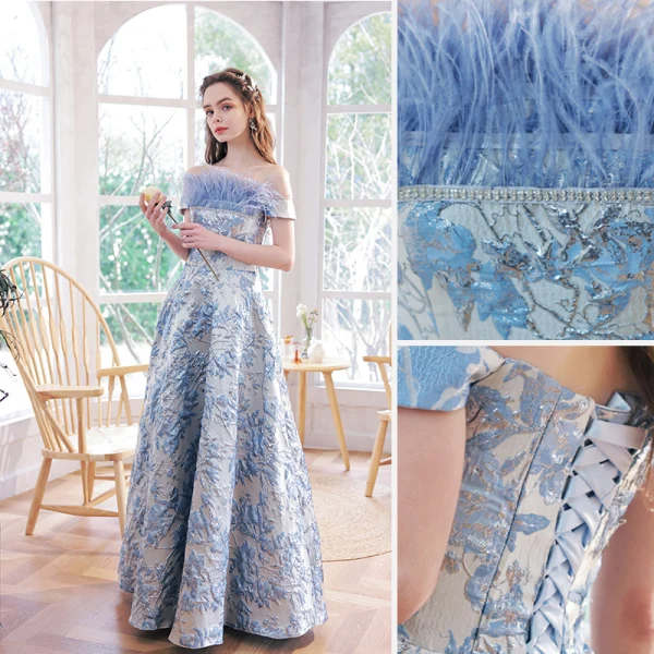 Fashion Charming Sky Blue Tassel Sequins Prom Dresses 2022 A-Line / Princess Off-The-Shoulder Sleeveless Backless Floor-Length / Long Formal Dresses