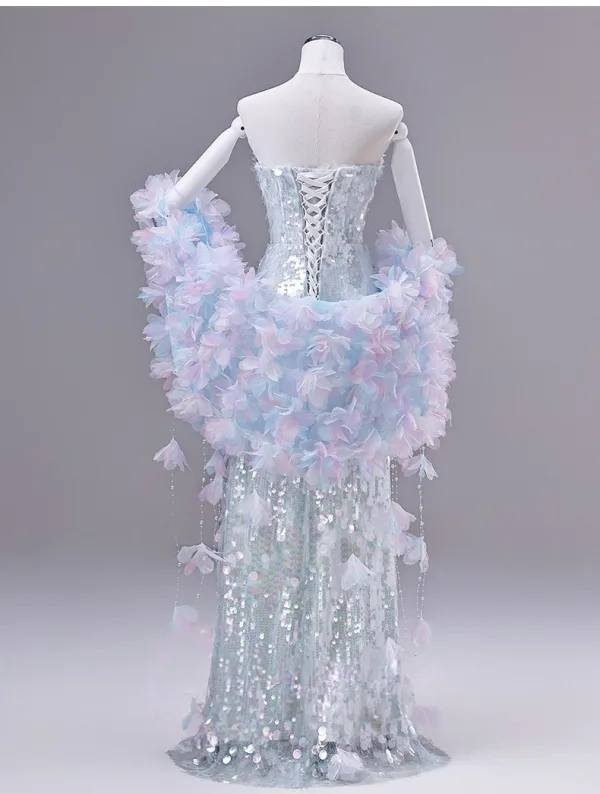 Sparkly Fashion Sky Blue Beading Appliques Sequins Prom Dresses 2026 A-Line / Princess Strapless Sleeveless Backless Floor-Length / Long Formal Dresses