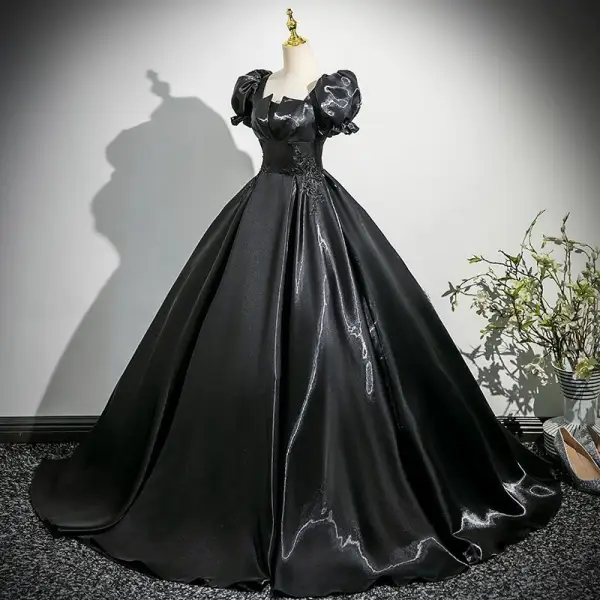 Elegant Black Lace Flower Prom Dresses 2025 Ball Gown Square Neckline Puffy Short Sleeve Backless Sweep Train Prom Formal Dresses