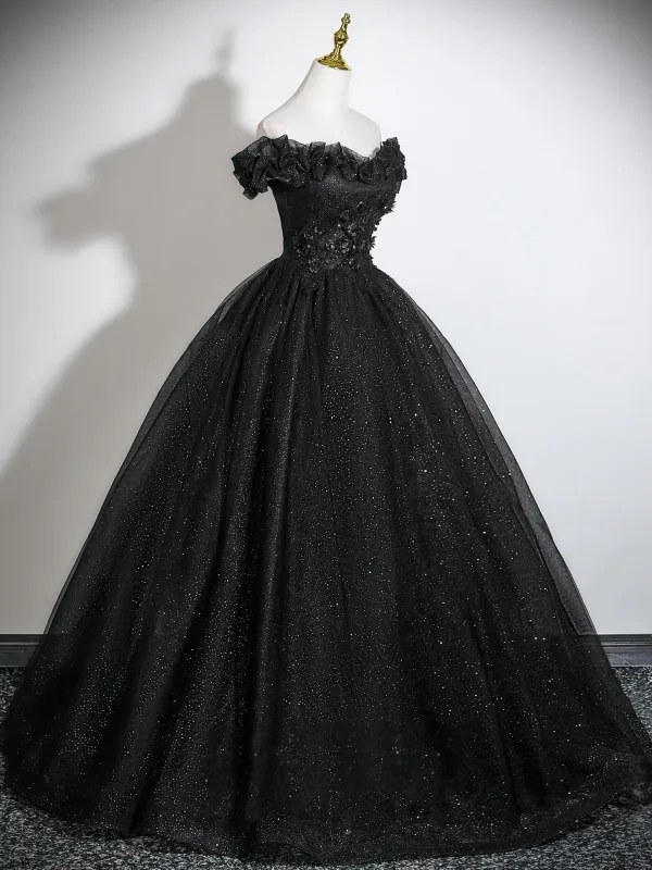 Elegant Black Appliques Glitter Prom Dresses 2026 Ball Gown Off-The-Shoulder Short Sleeve Backless Floor-Length / Long Formal Dresses