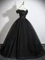 Elegant Black Appliques Glitter Prom Dresses 2026 Ball Gown Off-The-Shoulder Short Sleeve Backless Floor-Length / Long Formal Dresses