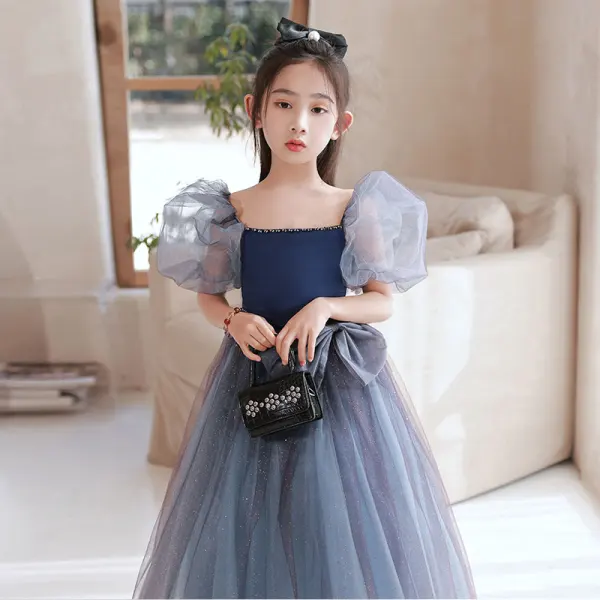 Élégant Bleu Marine Paillettes Promo Robe Ceremonie Fille 2022 Princesse Encolure Carrée Gonflée Manches Courtes Noeud Dos Nu Longue Robe Ceremonie Fille