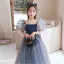 Élégant Bleu Marine Paillettes Promo Robe Ceremonie Fille 2022 Princesse Encolure Carrée Gonflée Manches Courtes Noeud Dos Nu Longue Robe Ceremonie Fille