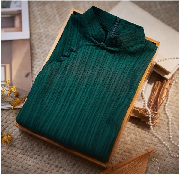 Chinese style Vintage / Retro Dark Green Prom Cheongsam 2024 Trumpet / Mermaid High Neck Short Sleeve Floor-Length / Long