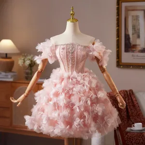 Sjarmerende Rødmende Rosa Rhinestone Appliques Korte Festkjoler 2025 Ballkjole Av Skulderen Korte Ermer Ryggløse Formelle Kjoler