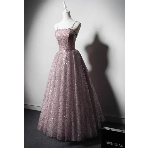 Glitzernden Rosa Perlenstickerei Pailletten Ballkleider 2023 A Linie Spaghettiträger Ärmellos Rückenfreies Lange Ball Festliche Kleider