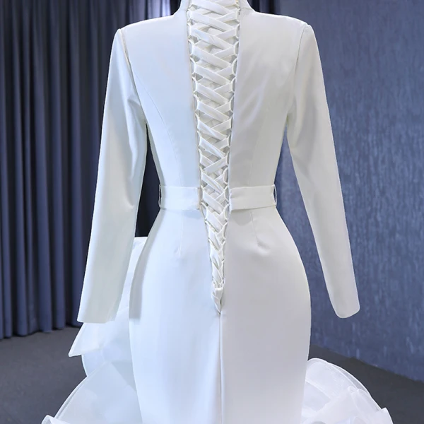 Muslim White Cascading Ruffles Wedding Dresses 2023 Trumpet / Mermaid High Neck Long Sleeve Chapel Train Wedding