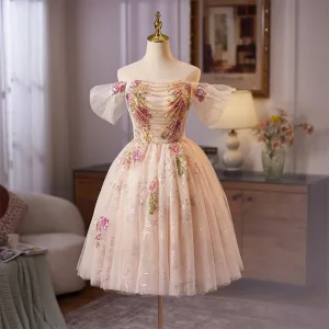 Flower Fairy Champagne Beading Sequins Pearl Lace Flower Homecoming Graduation Dresses 2025 Ball Gown Off The Shoulder Short Sleeve Backless Knee Length Formal Dresses