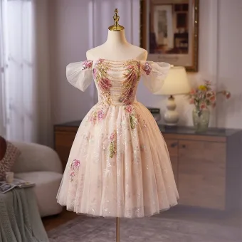 Flower Fairy Champagne Beading Sequins Pearl Lace Flower Homecoming Graduation Dresses 2025 Ball Gown Off The Shoulder Short Sleeve Backless Knee Length Formal Dresses