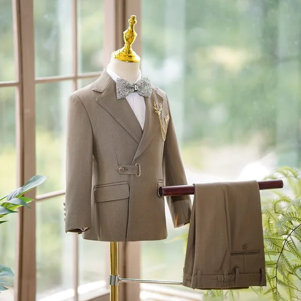 Fall Winter Coffee Long Sleeve Boys Wedding Suits 2024 Body Jewellery Coat Pants Shirt Tie