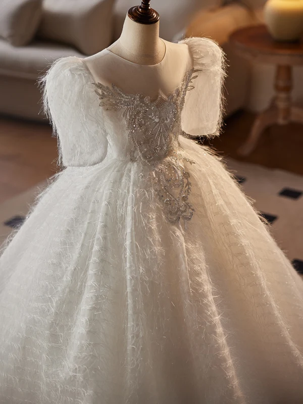 Élégant Blanche Perlage Perle Paillettes En Dentelle Fleur Gland Mariage Robe Ceremonie Fille 2024 Robe Boule Encolure Dégagée Manches Courtes Longue