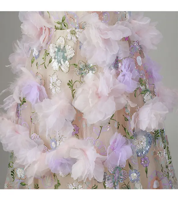 Flower Fairy Blushing Pink Beading Sequins Appliques Embroidered Prom Dresses 2026 A-Line / Princess Scoop Neck Sleeveless Backless Floor-Length / Long Prom Formal Dresses