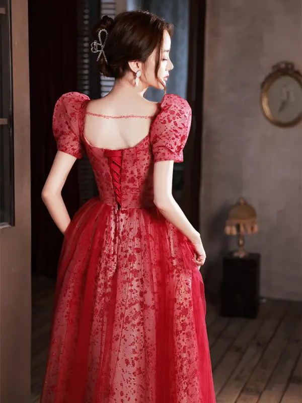 Chic / Belle Bordeaux Paillettes Robe De Soirée 2022 Princesse Encolure Carrée Gonflée Manches Courtes Dos Nu Longue Soirée Robe De Ceremonie