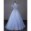 Fashion Sky Blue Beading Sequins Prom Dresses 2023 Ball Gown V-Neck Short Sleeve Bow Backless Floor-Length / Long Prom Formal Dresses