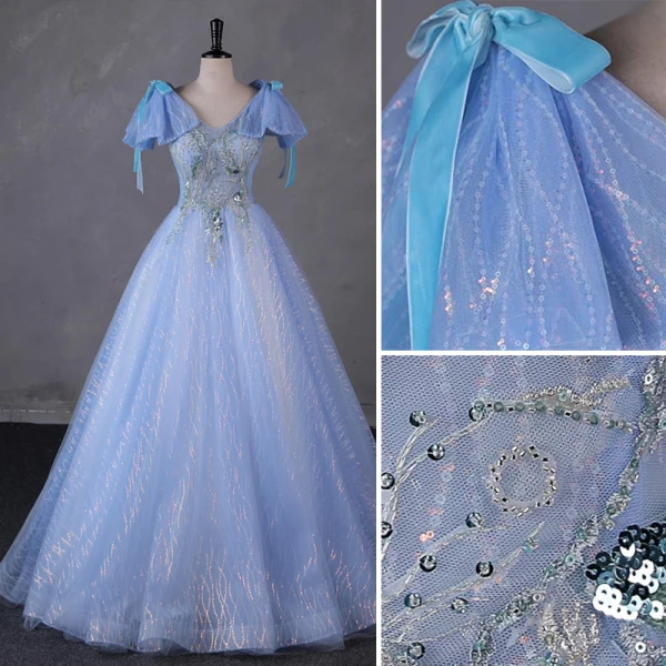 Fashion Sky Blue Beading Sequins Prom Dresses 2023 Ball Gown V-Neck Short Sleeve Bow Backless Floor-Length / Long Prom Formal Dresses