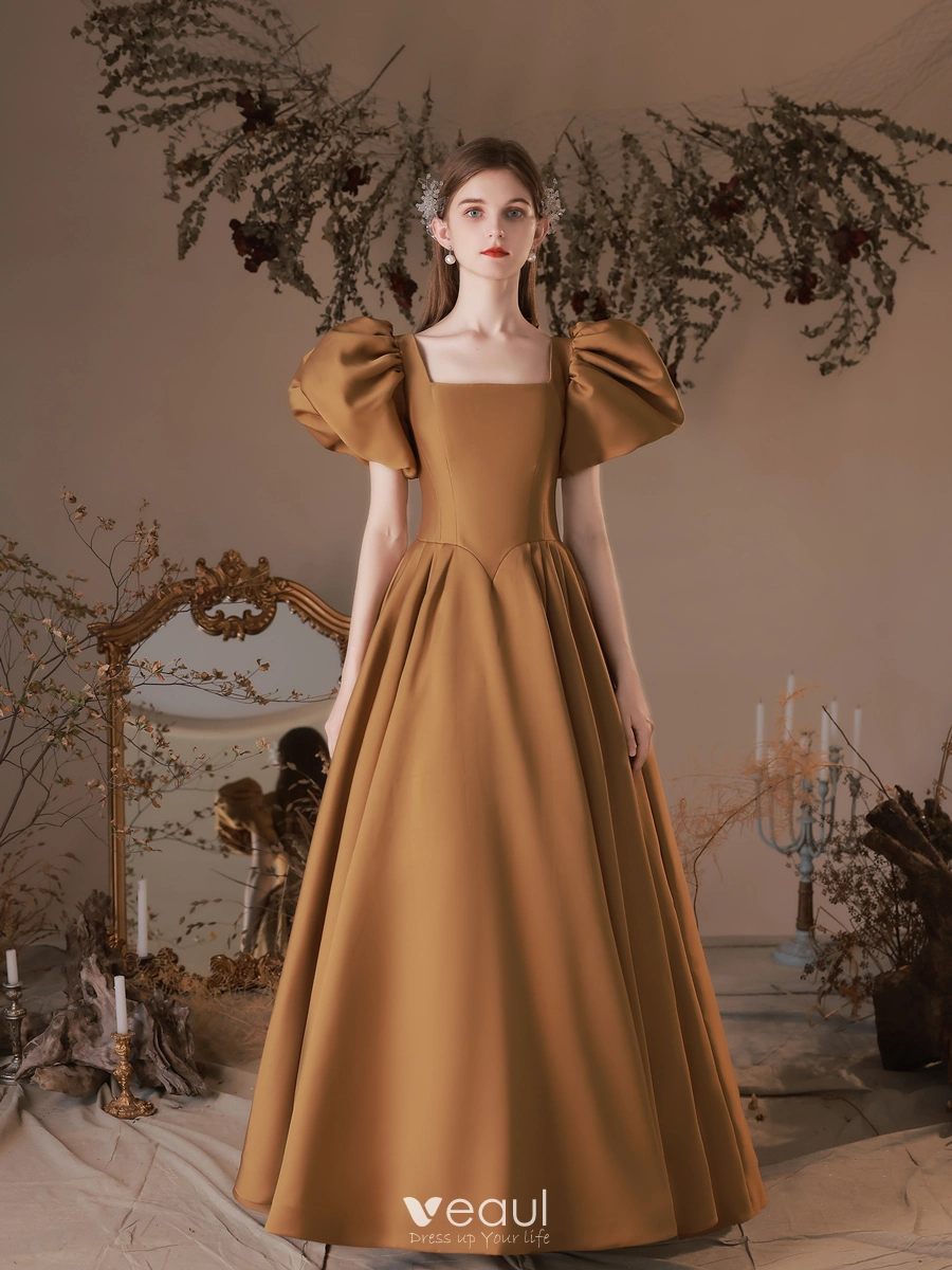 Vintage Marron Saten Vestidos de gala 2023 A Line Princess Escote Cuadrado Hinchado Manga Corta Sin Espalda Largos Gala Vestidos Formales