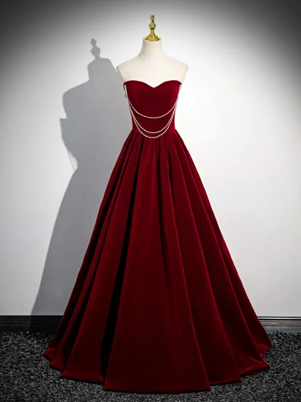 Elegant Burgundy Pearl Prom Dresses 2024 Ball Gown Square Neckline Ruffle Short Sleeve Floor-Length / Long Prom Formal Dresses Backless