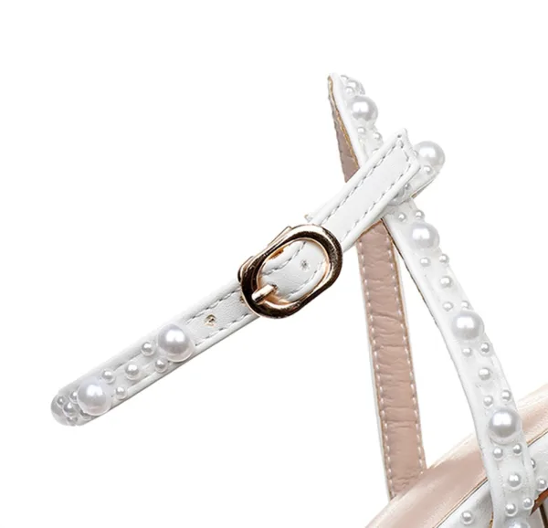Élégant Blanche Perle Bride Cheville Chaussure De Mariée 2024 7 cm Talons Épais Peep Toes / Bout Ouvert Mariage Sandales Talons Hauts