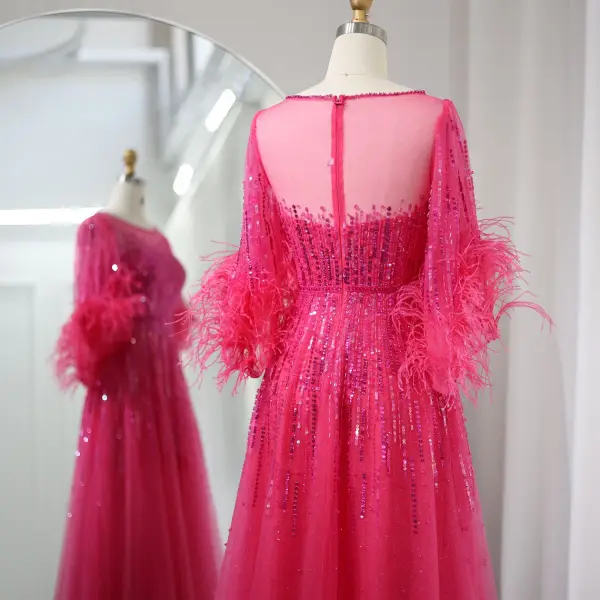 High-end Black Handmade Beading Sequins Feather Prom Dresses 2024 A-Line / Princess Scoop Neck 1/2 Sleeves Floor-Length / Long Prom Formal Dresses
