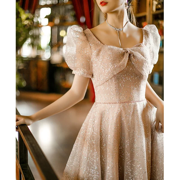 Charmant Rougissant Rose Paillettes Robe De Bal 2022 Princesse Encolure Carrée Gonflée Manches Courtes Dos Nu Longue Promo Robe De Ceremonie