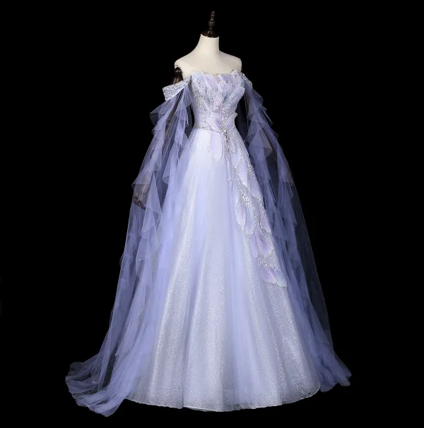 Luxe Lavande Fait main Perlage Faux Diamant Paillettes Robe De Bal 2026 Princesse De l'épaule Sans Manches Dos Nu Longue Tulle Robe De Ceremonie