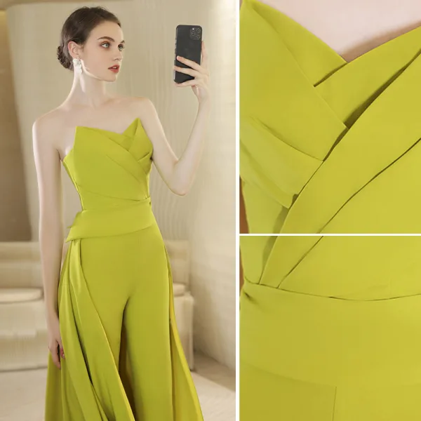 Chic / Beautiful Lime Green Evening Dresses Jumpsuit 2022 Crossed Straps A-Line / Princess Sleeveless Strapless Backless Sweep Train Evening Party