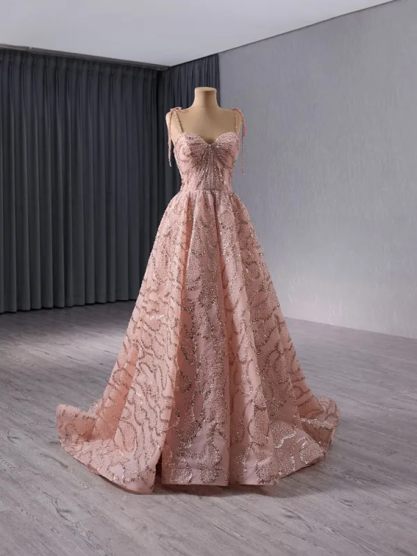 Haut de Gamme Rougissant Rose Fait main Perlage Paillettes Robe De Bal 2024 Princesse Bretelles Spaghetti Sans Manches Dos Nu Train De Balayage Promo Robe De Ceremonie