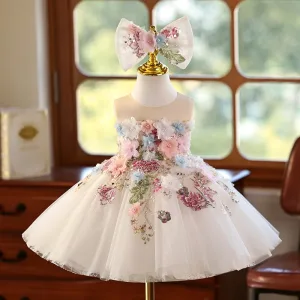 Fée Des Fleurs Blanche Perle Appliques Paillettes Courte Anniversaire Robe Ceremonie Fille 2025 Robe Boule Encolure Dégagée Sans Manches Robe Ceremonie Fille