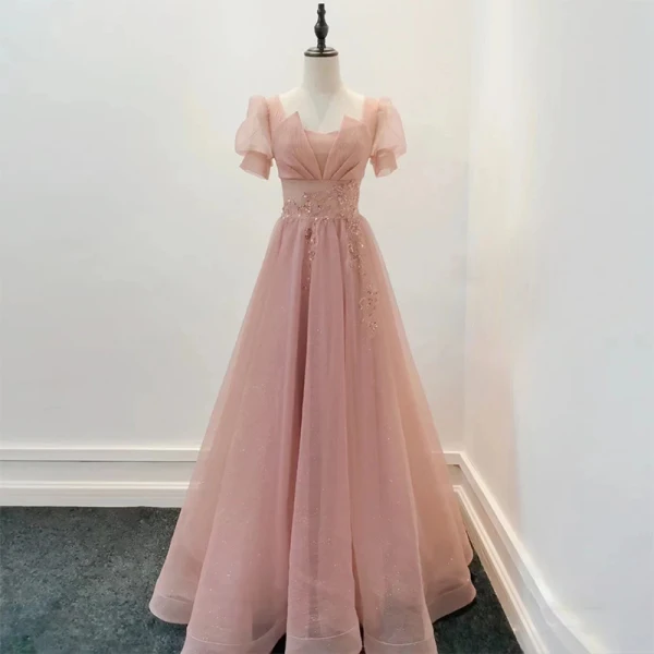 Elegant Sky Blue Beading Lace Flower Prom Dresses 2023 A-Line / Princess Square Neckline Short Sleeve Backless Floor-Length / Long Prom Formal Dresses
