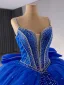 High-end Royal Blue Rhinestone Ball Gown Prom Dresses 2024 Spaghetti Straps Sleeveless Backless Bow Court Train Prom Formal Dresses