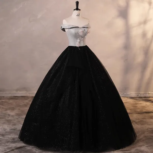 Elegant Black Glitter Prom Dresses 2023 Ball Gown Off-The-Shoulder Sleeveless Backless Floor-Length / Long Prom Formal Dresses