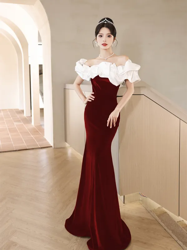 Charming Burgundy Velvet Evening Dresses 2023 Trumpet Mermaid Ruffle Off The Shoulder Short Sleeve Backless Floor Length Long Formal Dresses