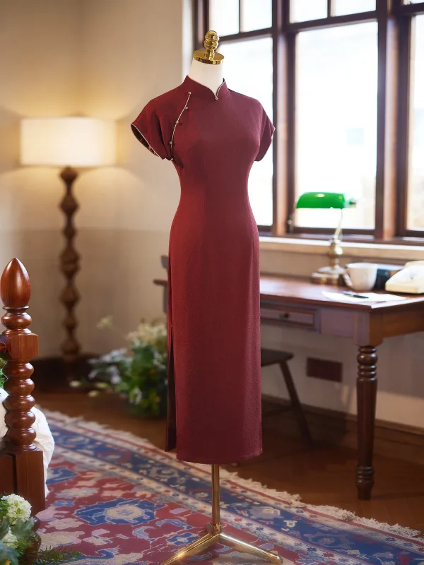 Modest  Burgundy Casual Cheongsam 2025 Trumpet / Mermaid High Neck Short Sleeve Floor-Length / Long