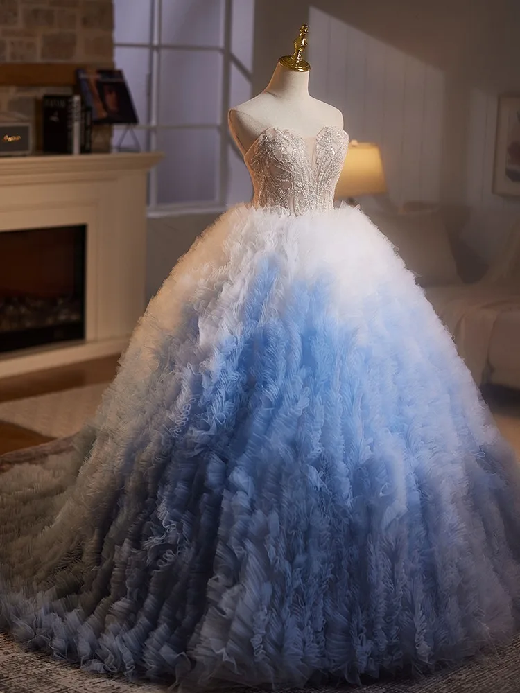 Classy Gradient Color Sky Blue Beading Pearl Sequins Cascading Ruffles Prom  Dresses 2025 Ball Gown Strapless Sleeveless Backless Sweep Train Prom  Formal Dresses