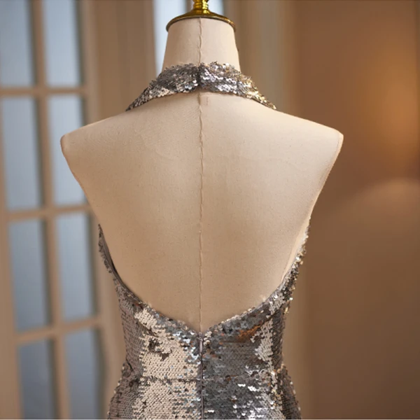 Glitzernden Silber Pailletten Abendkleider 2023 Meerjungfrau Neckholder Ärmellos Rückenfreies Abend Lange Festliche Kleider