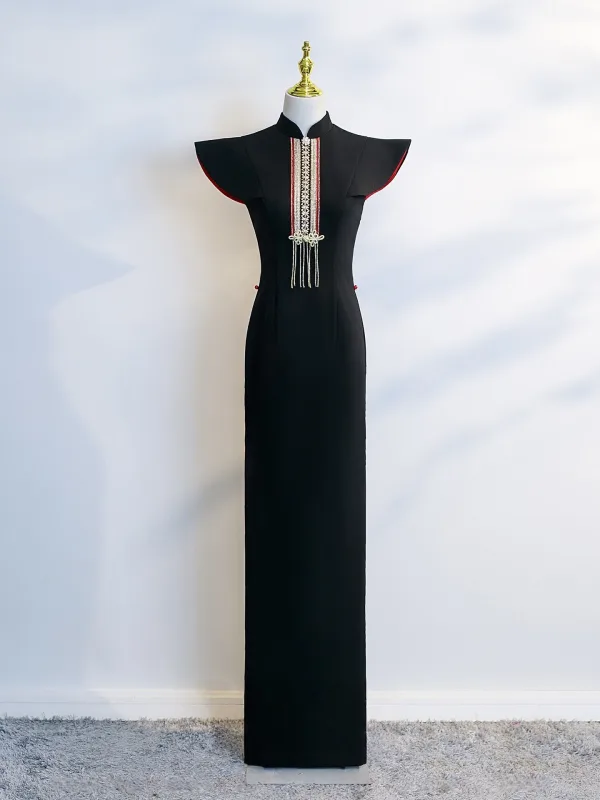 Vintage / Retro Chinese style Black Evening Party Cheongsam 2025 High Neck Cap Sleeves Sweep Train