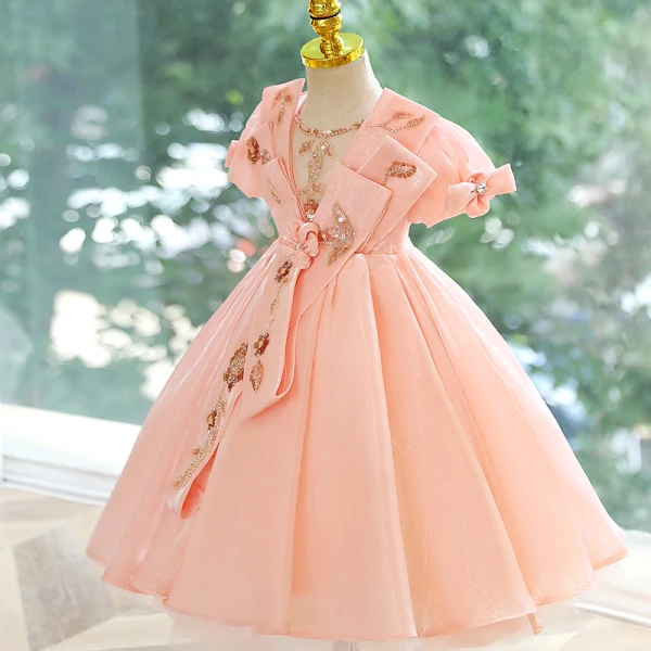 Chic / Belle Rougissant Rose Perlage Paillettes Anniversaire Robe Ceremonie Fille 2023 Robe Boule Encolure Dégagée Manches Courtes Dos Nu Longue Robe Ceremonie Fille