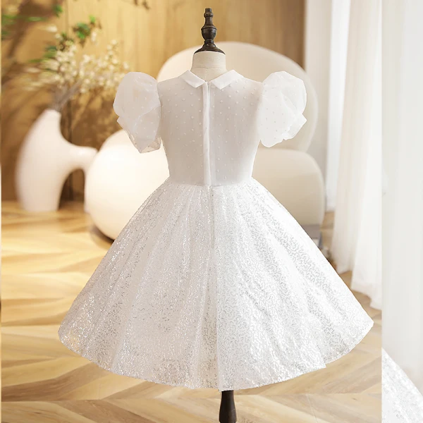 Chic / Belle Blanche Perle Paillettes Anniversaire Robe Ceremonie Fille 2022 Robe Boule Encolure Dégagée Manches Courtes Longue