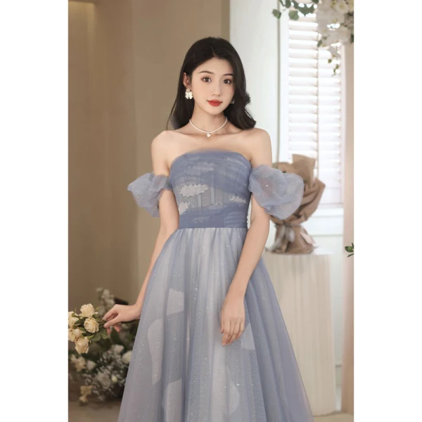 Chic / Beautiful Sky Blue Glitter Evening Dresses 2023 A-Line / Princess Off-The-Shoulder Pearl Short Sleeve Backless Floor-Length / Long Evening Party Formal Dresses