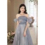 Chic / Beautiful Sky Blue Glitter Evening Dresses 2023 A-Line / Princess Off-The-Shoulder Pearl Short Sleeve Backless Floor-Length / Long Evening Party Formal Dresses