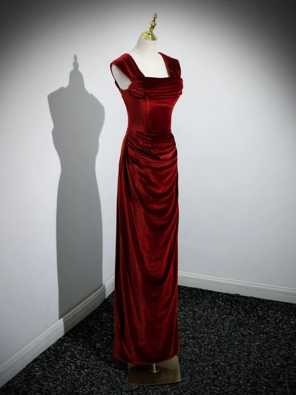 Sexy Burgundy Velvet Evening Dresses 2023 Trumpet / Mermaid Square Neckline Sleeveless Backless Floor-Length / Long Formal Dresses