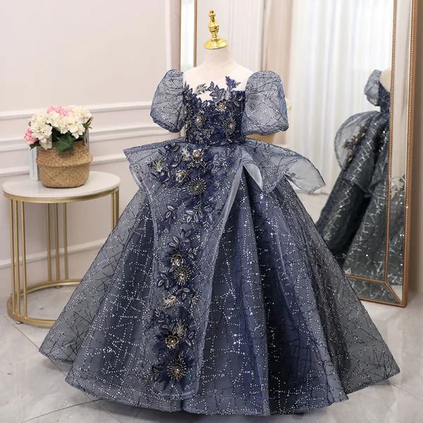 Vintage / Retro Navy Blue Beading Rhinestone Sequins Birthday Flower Girl Dresses 2022 Ball Gown Scoop Neck Puffy Short Sleeve Backless Floor-Length / Long Flower Girl Dresses