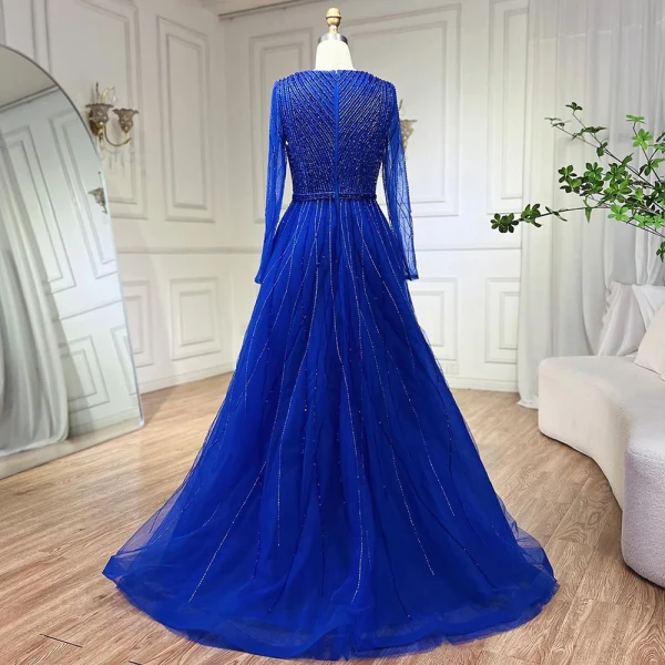 High-end Royal Blue Handmade  Beading Prom Dresses 2024 A-Line / Princess V-Neck Long Sleeve Floor-Length / Long Prom Formal Dresses
