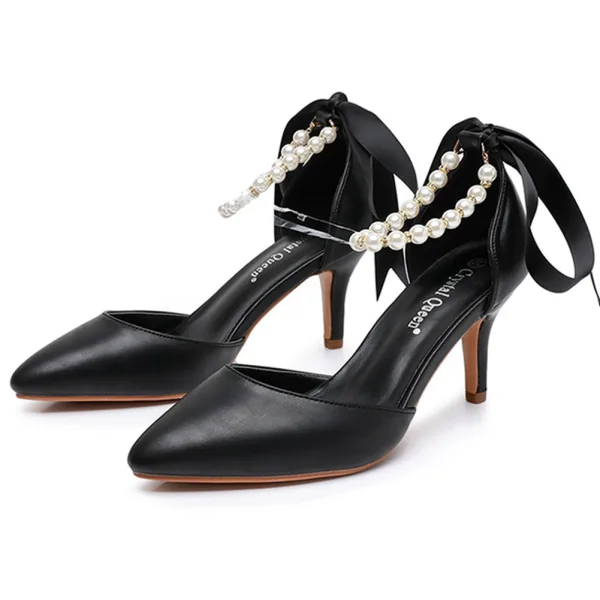 Sexy Black Pearl Ankle Strap Evening Party Womens Shoes 2024 7 cm Stiletto Heels Pointed Toe High Heels