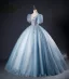 Elegant Sky Blue Beading Sequins Ball Gown Prom Dresses 2023 V-Neck Short Sleeve Backless Floor-Length / Long Prom Formal Dresses