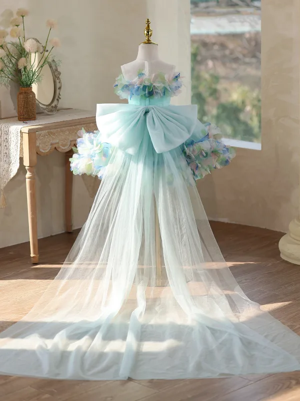 Schön Lindgrün Applikationen Schleife Geburtstag Blumenmädchenkleider 2026 Ballkleid Rundhalsausschnitt Ärmellos Kurze Blumenmädchenkleider