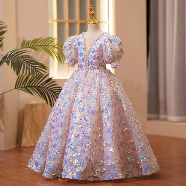 Scintillantes Mode Rougissant Rose Perle Faux Diamant Paillettes Anniversaire Robe Ceremonie Fille 2022 Robe Boule Encolure Carrée Gonflée Manches Courtes Dos Nu Longue Robe Ceremonie Fille