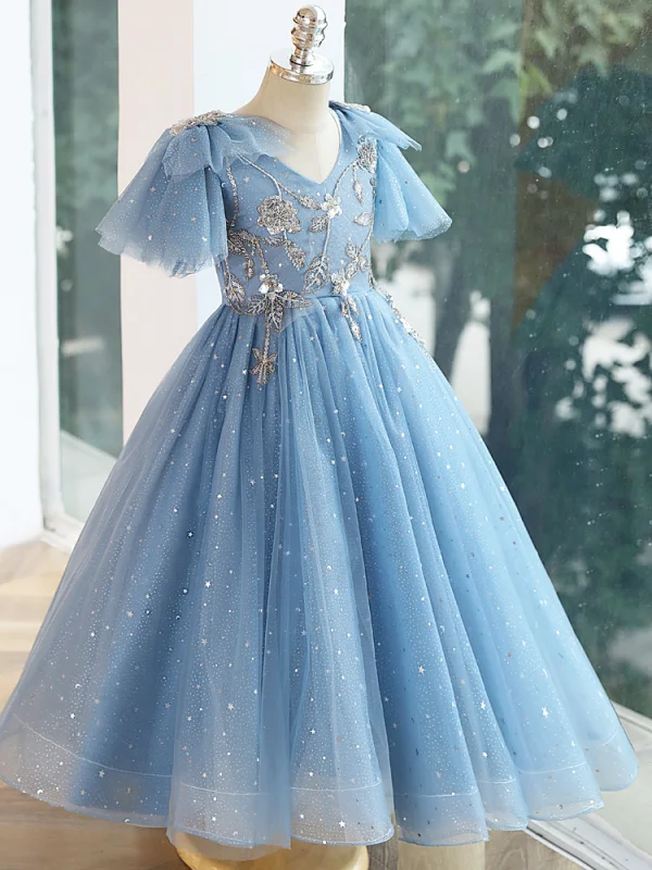 Fashion Sky Blue Beading Star Sequins Birthday Flower Girl Dresses 2023 Ball Gown V-Neck Short Sleeve Backless Floor-Length / Long Flower Girl Dresses