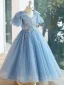 Fashion Sky Blue Beading Star Sequins Birthday Flower Girl Dresses 2023 Ball Gown V-Neck Short Sleeve Backless Floor-Length / Long Flower Girl Dresses